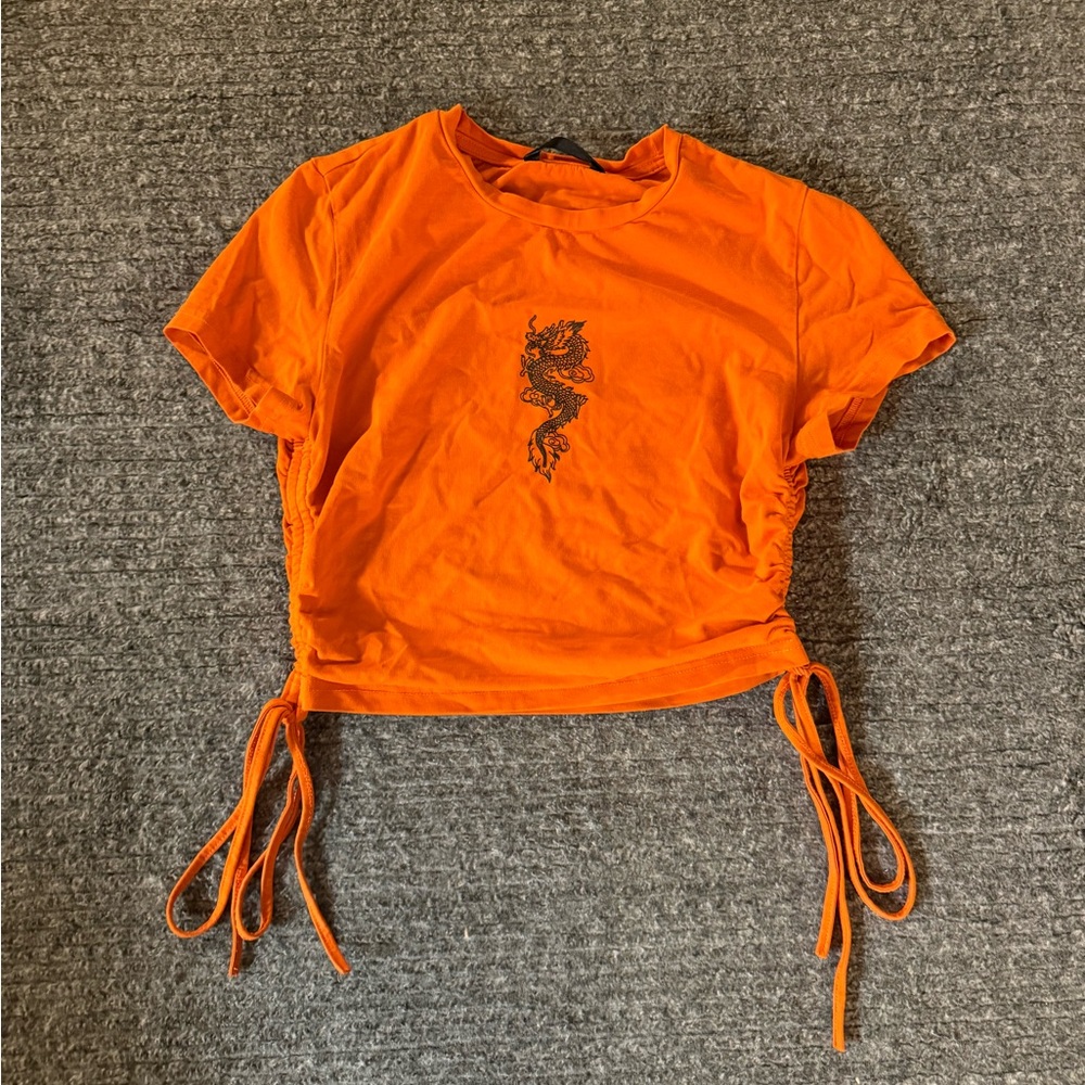 SHEIN Orange Dragon Graphic Ruched Crop Top